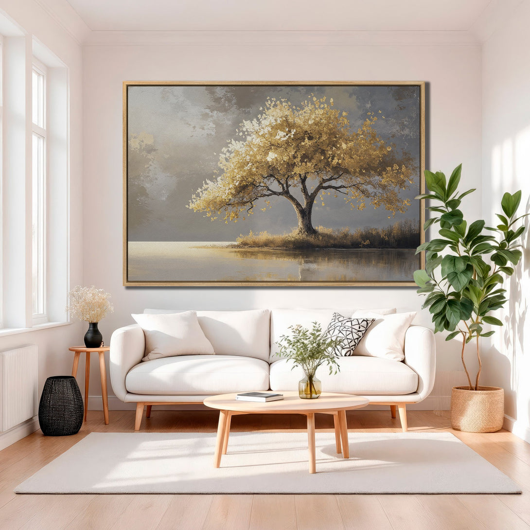 Framed Wall Art featuring a golden tree landscape in a neutral color palette. Perfect for adding a touch of elegance to your living room.