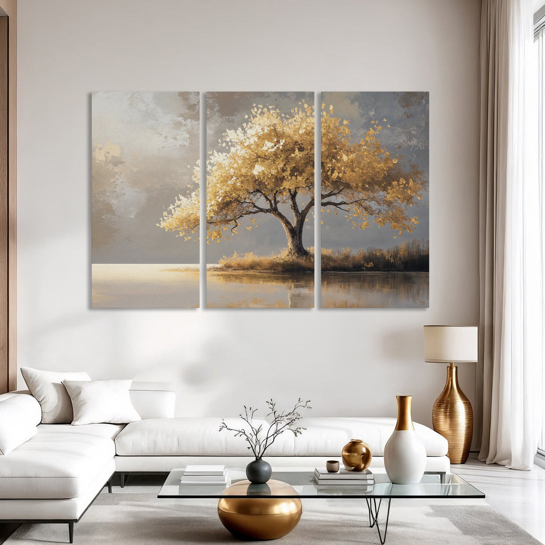 Canvas Print of a golden tree landscape in a modern interior. Neutral color palette with gold and gray tones, perfect for living room decor.