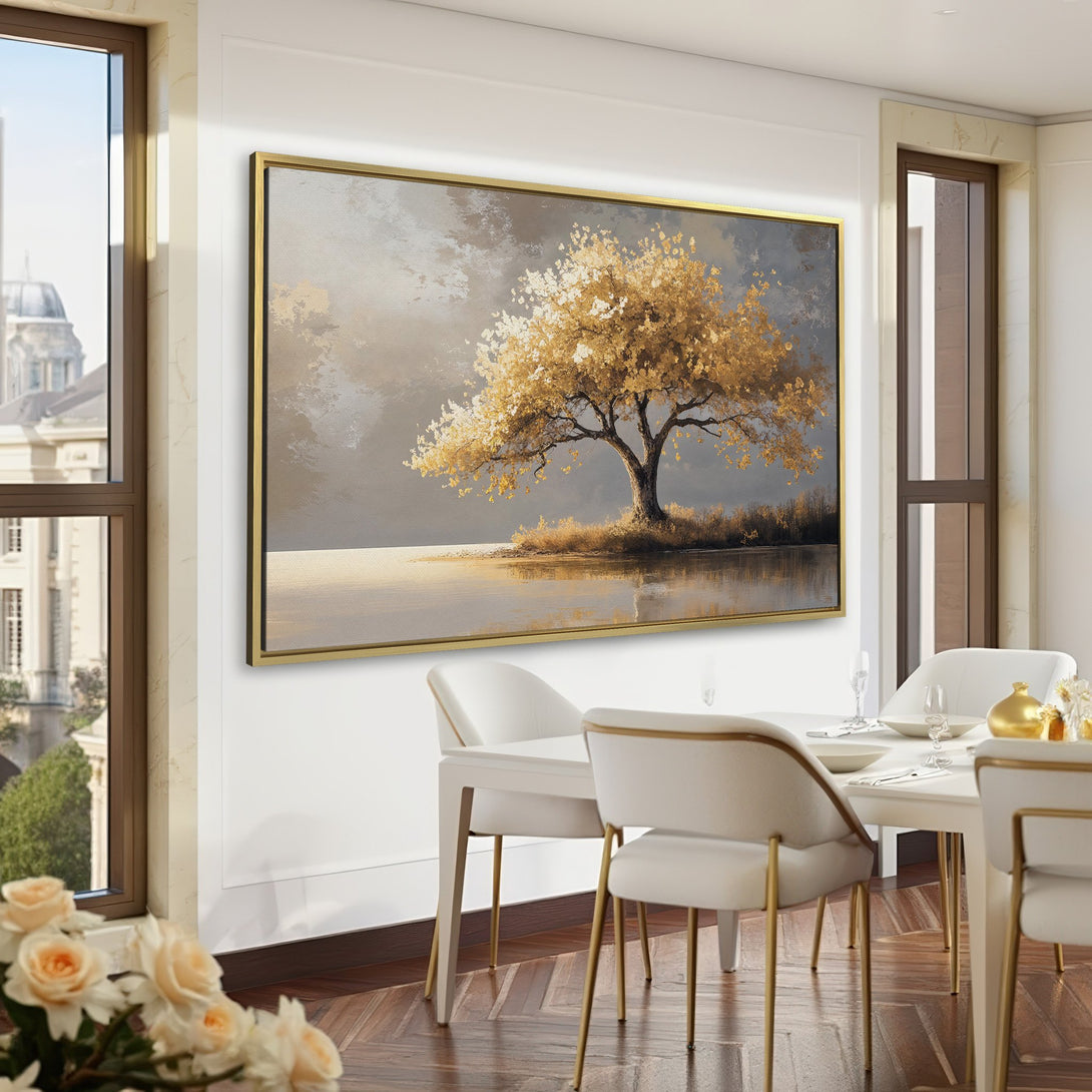 Canvas Print of a golden tree landscape painting, displayed in a sophisticated green interior. Warm, neutral color palette.