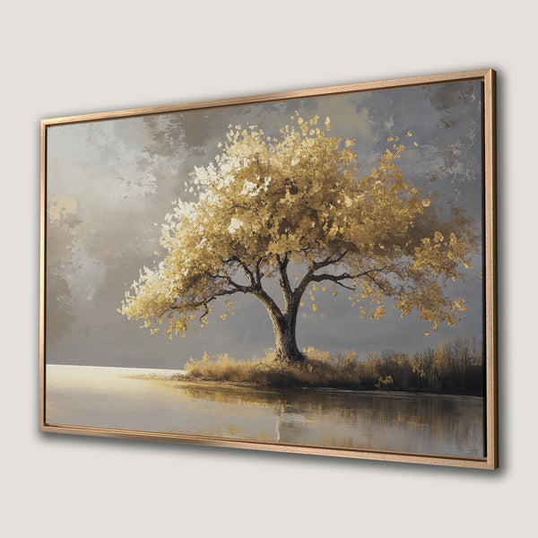 Framed Wall Art of a golden tree by a lake. Modern, abstract style with a neutral color palette. Perfect for living room decor.