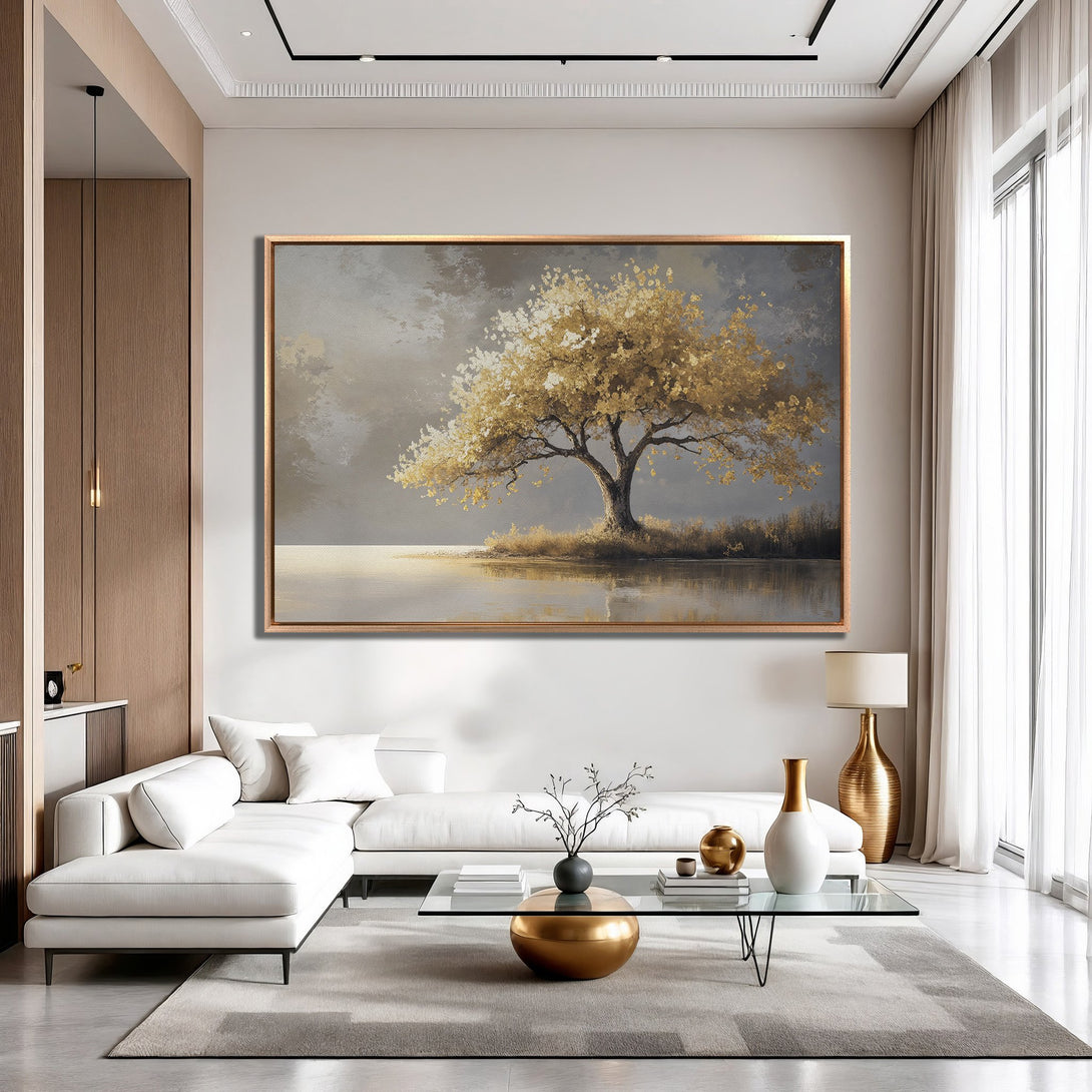Framed Wall Art: Golden tree landscape canvas print. Modern, elegant art with a neutral color palette, perfect for living room decor.