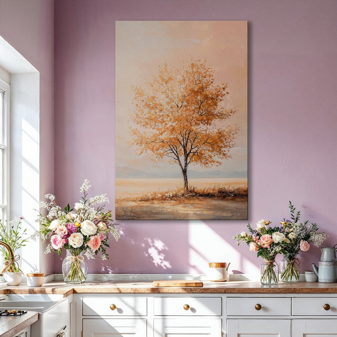 Framed Wall Art: Abstract tree painting in warm gold and beige tones. Modern living room decor. Enhance your space with this stylish canvas print.