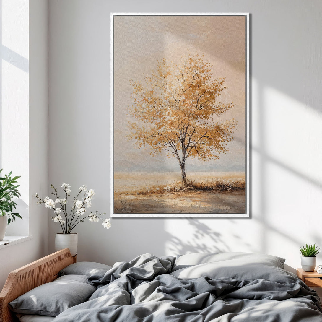 Framed Wall Art featuring a golden tree in a serene landscape. Warm, neutral color palette of beige, brown, and gold. Perfect for bedroom decor.