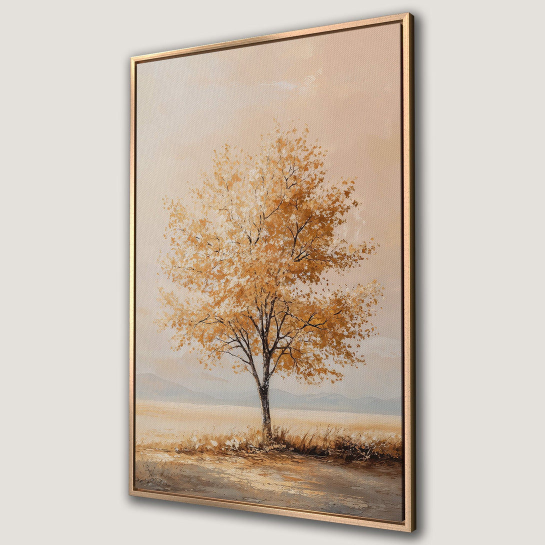 Framed Wall Art: Golden tree landscape painting in warm, earthy tones. Perfect for adding a touch of nature and elegance to your home decor.