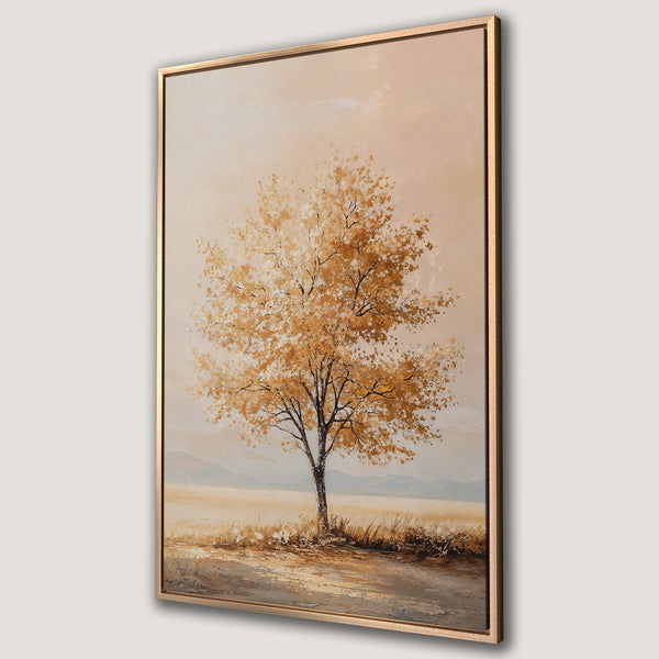 Framed Wall Art: Golden tree landscape painting in warm, earthy tones. Perfect for adding a touch of nature and elegance to your home decor.