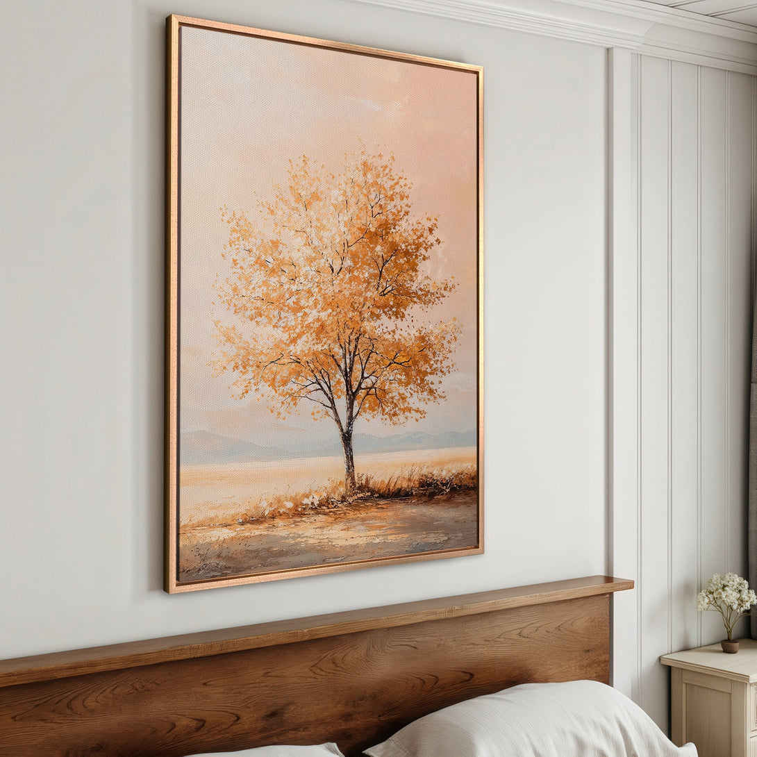 Framed Wall Art: Autumn tree landscape in warm orange and beige tones. Perfect for adding a touch of nature and cozy vibes to your bedroom decor.