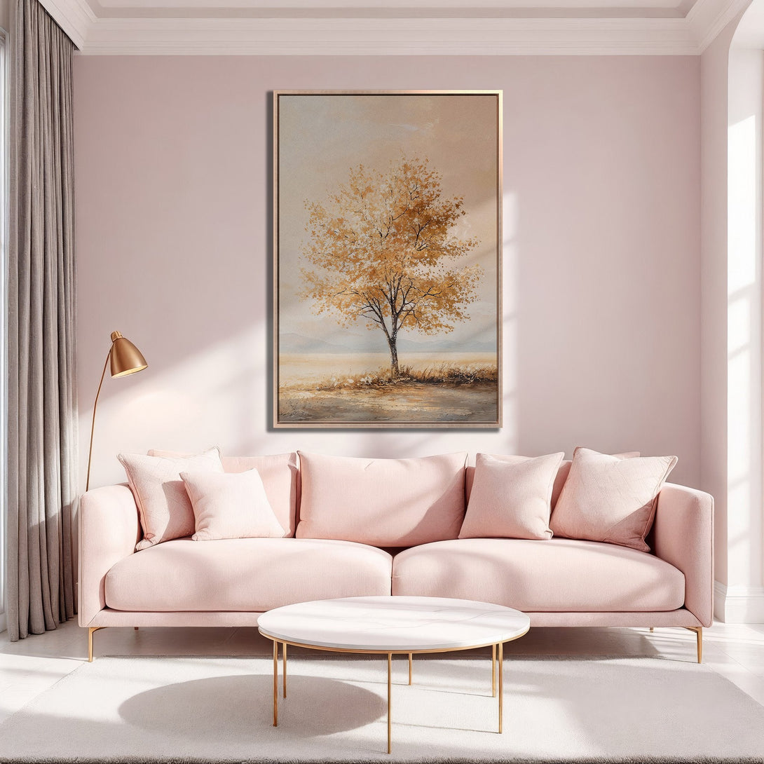 Framed Wall Art featuring a serene tree painting in warm gold tones, perfect for adding a touch of elegance to any living room.