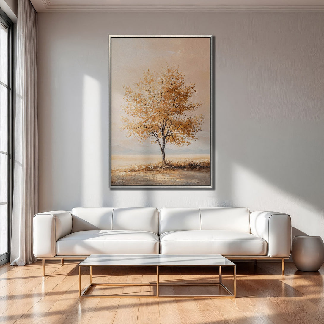Framed Wall Art featuring a serene tree landscape in warm gold and beige tones. Perfect for adding a touch of nature and elegance to any room.