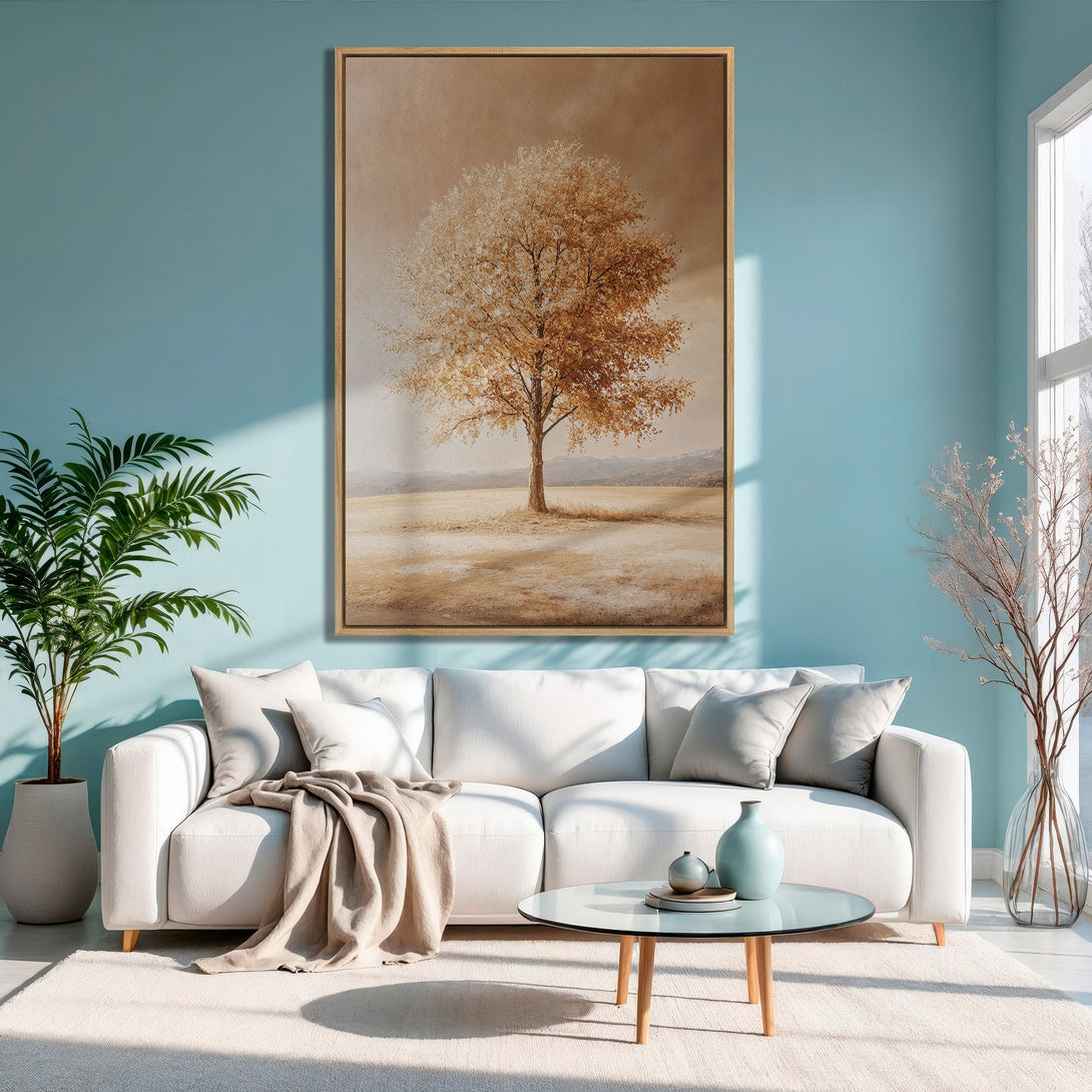 Framed Wall Art: Elegant tree landscape canvas print in warm neutral tones. Perfect for adding a touch of nature to your home decor.
