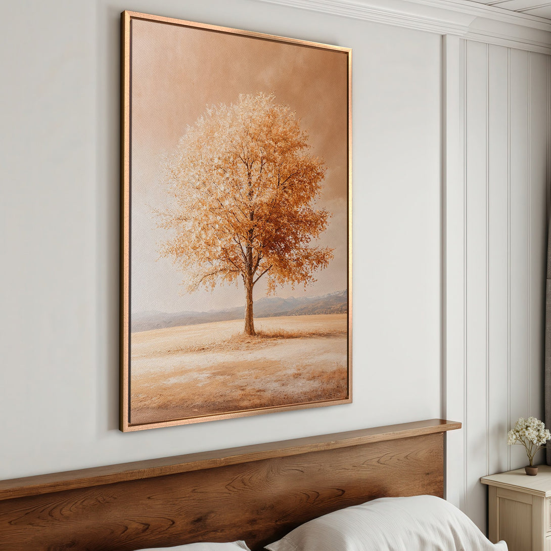 Framed Wall Art featuring a serene tree landscape in warm, earthy tones. Perfect for adding a touch of nature and elegance to your home decor.