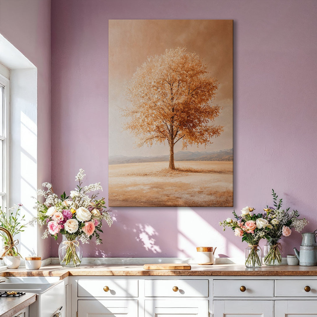 Framed Wall Art of a tree in a warm, neutral color palette. Perfect for adding a touch of nature and elegance to your living room decor.