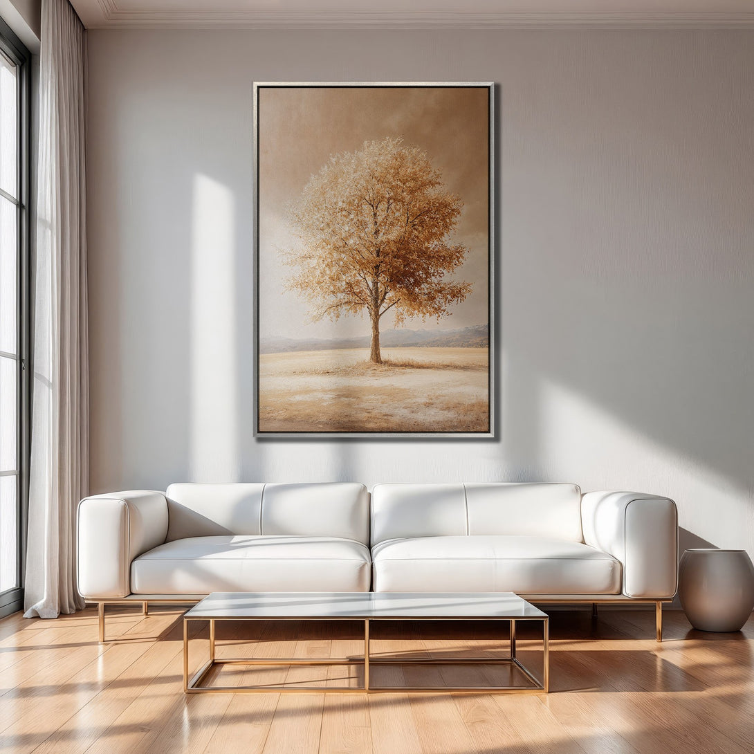 Framed Wall Art featuring a serene tree landscape in warm sepia tones. Enhance your space with this elegant, minimalist art piece.