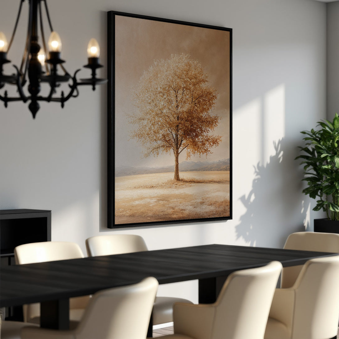 Framed Wall Art: Serene landscape canvas print featuring a tree in warm, earthy tones. Perfect for adding a touch of nature to your dining room decor.