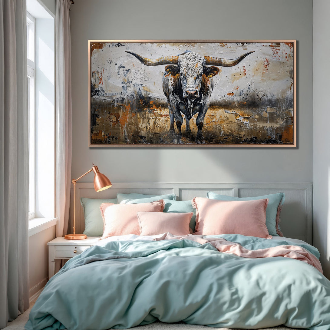 Framed Wall Art: Bold bull painting in a bedroom. Modern abstract style with a neutral, warm color palette. Elevate your space with art!
