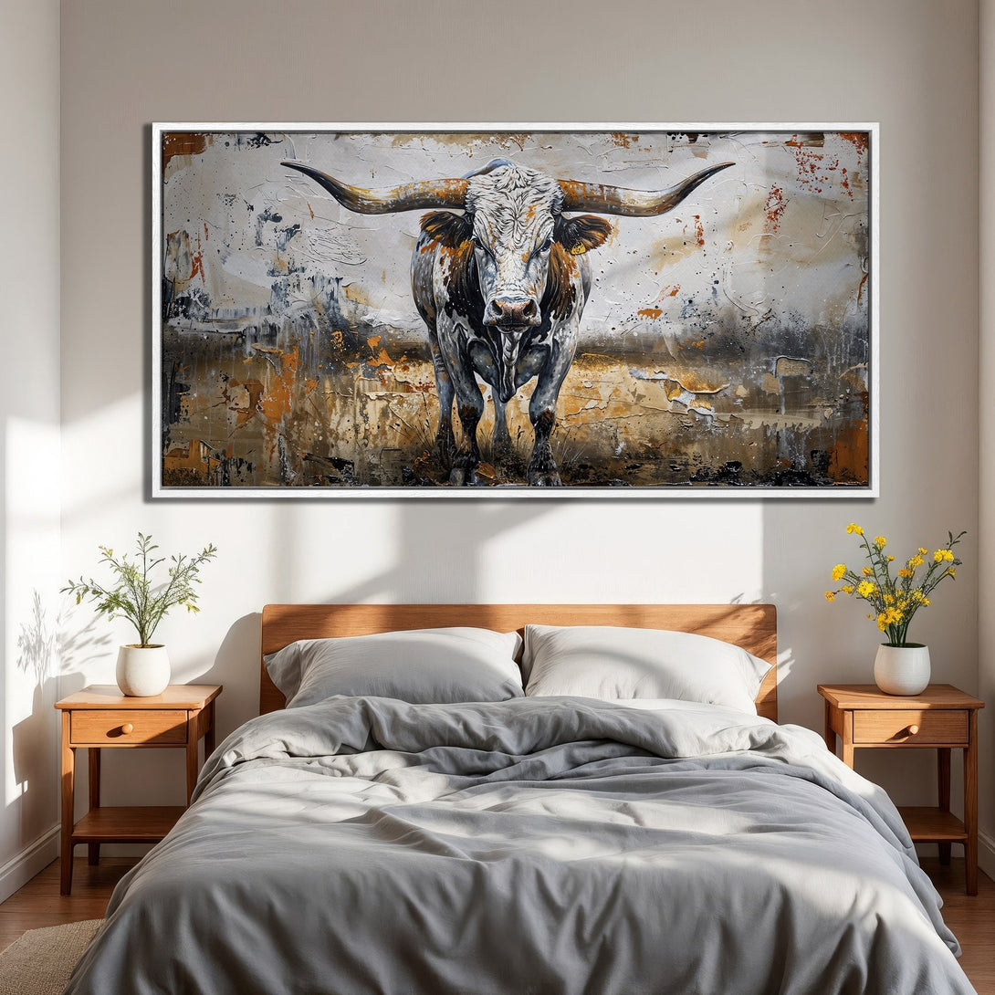Framed Wall Art: Bold bull painting in neutral tones with orange accents, perfect for modern bedroom decor and adding a touch of rustic charm.