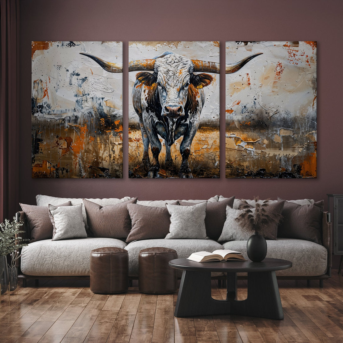 Abstract Canvas Print of a bull in a warm, earthy palette. Adds a bold statement to any interior. Modern wall art for living rooms.