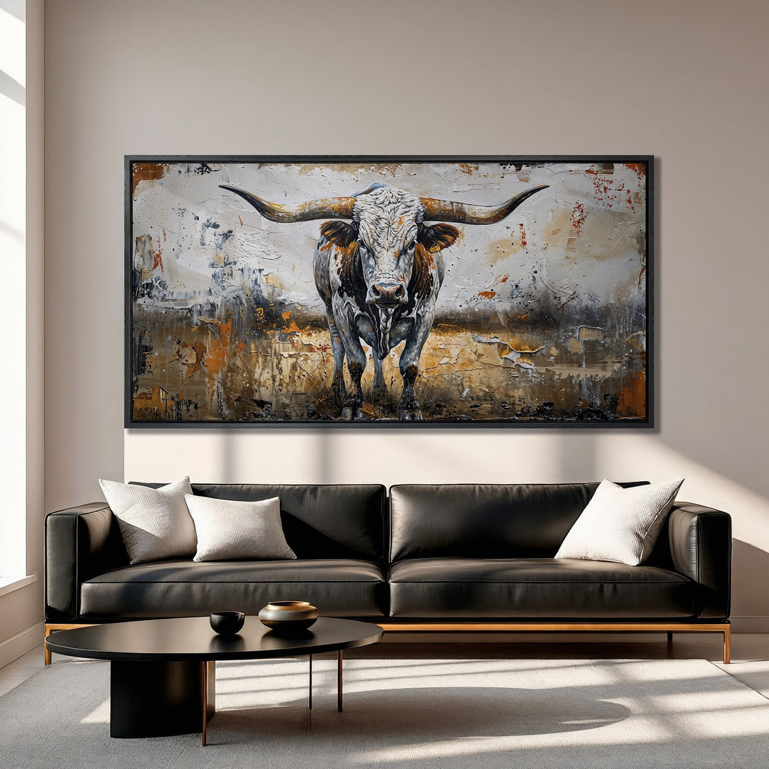 Framed Wall Art of a longhorn bull in an abstract style with a warm, earthy color palette. Perfect for modern living rooms.