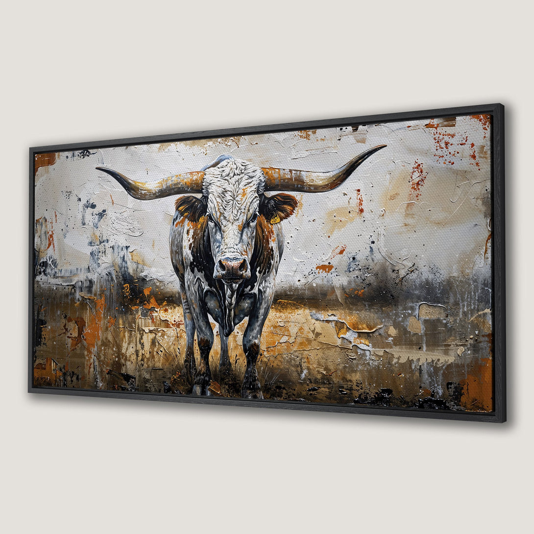 Framed Wall Art: Bold longhorn bull painting in a textured, abstract style. Earthy tones of brown, orange, and white create a striking, rustic aesthetic.