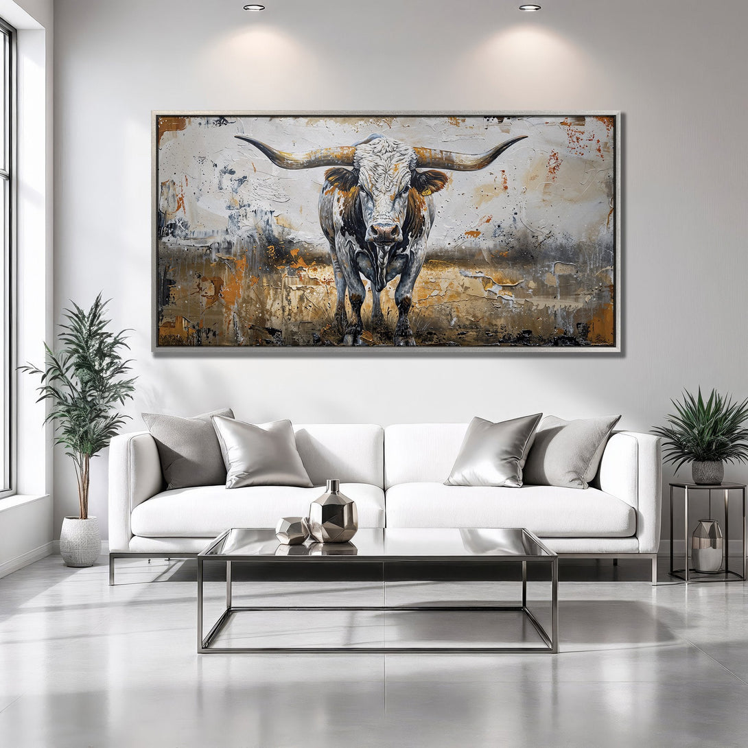 Framed Wall Art of a powerful bull in an abstract style with a neutral and warm color palette. Perfect for modern home decor.