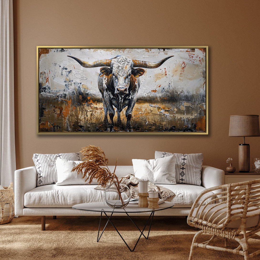 Canvas Print of a powerful bull in an abstract style, featuring a warm, earthy color palette. Perfect for rustic home decor.