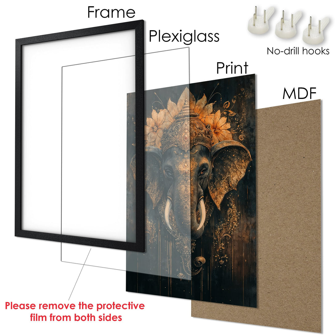 Framed Poster featuring an elephant with floral accents, in a dark, warm color palette. Perfect wall art!