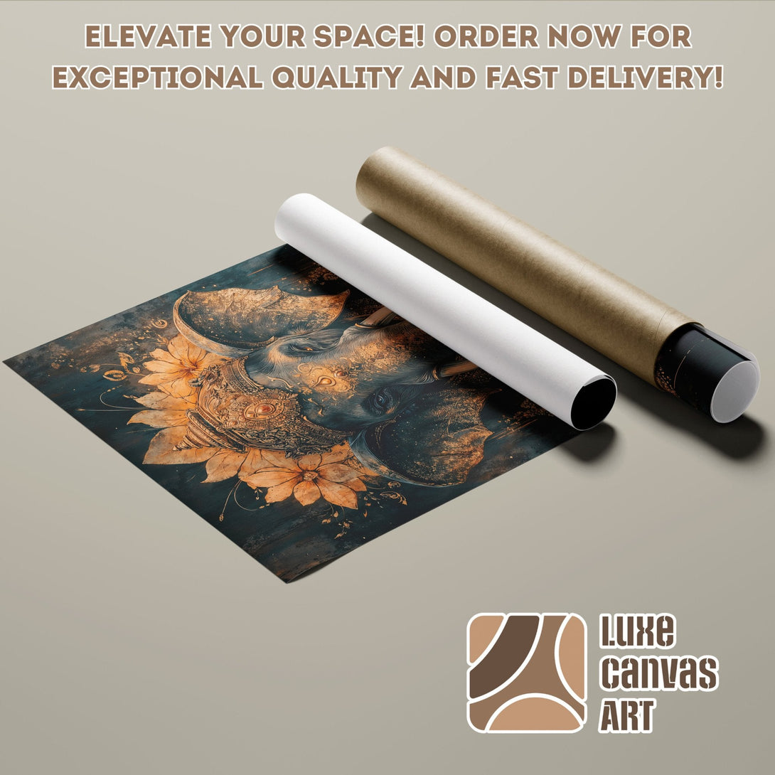 Elephant Poster Roll, teal and gold art print, ready for your space! Order now!
