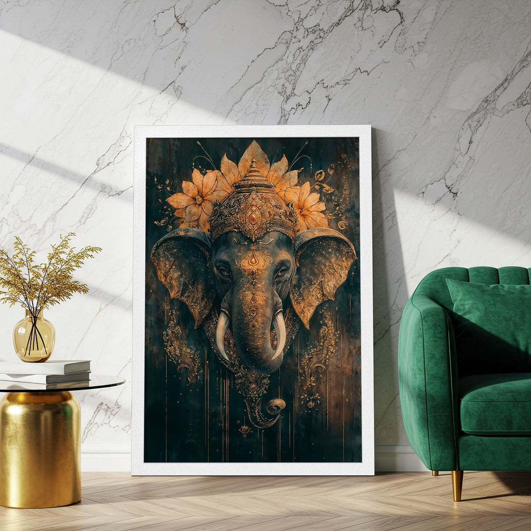 Framed Poster featuring an ornate elephant design in a dark, gold, and teal color palette. Perfect wall art!