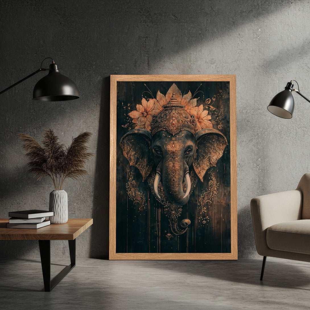 Framed Poster of an ornate elephant with a floral headdress, in a dark, warm color palette. Perfect wall art for your home!