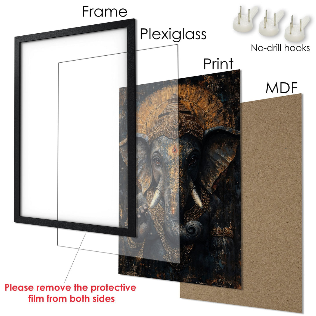 Framed Poster featuring an elephant deity in a dark, artistic style with gold accents. Perfect wall art for a touch of elegance.