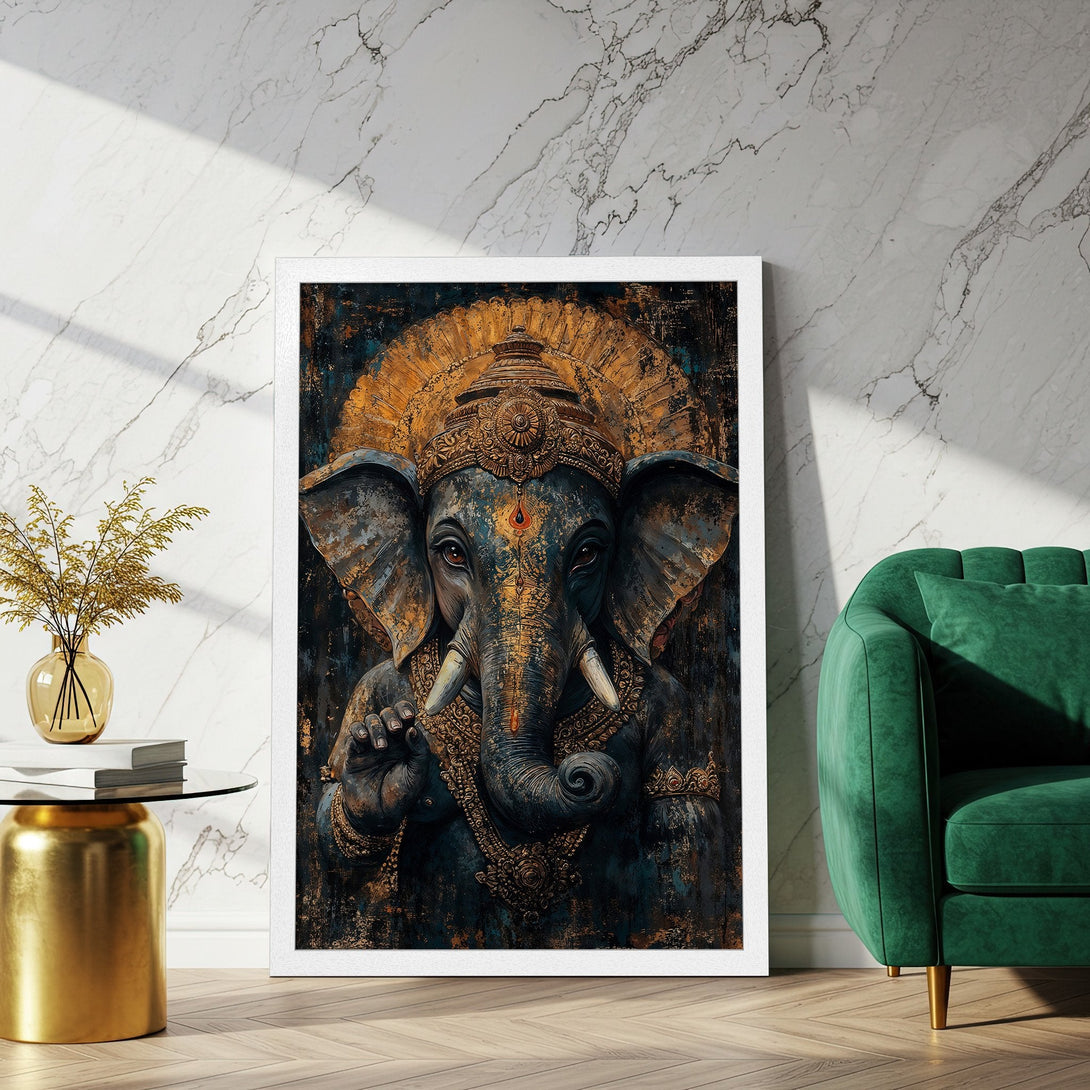 Framed Poster featuring a detailed Ganesh artwork in a dark, textured style with gold and teal accents. Perfect wall art!