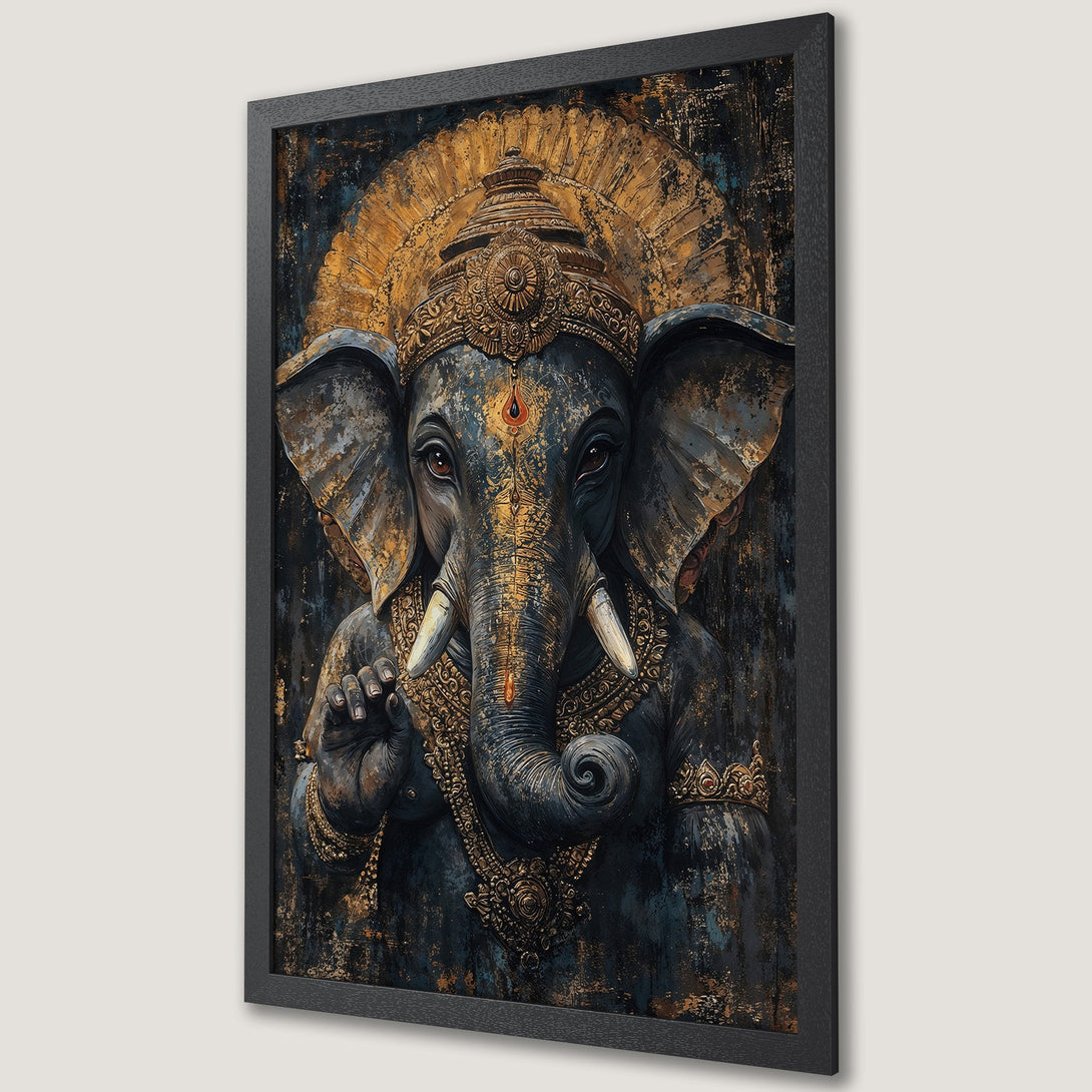 Framed Poster featuring a detailed illustration of Ganesha in a dark, textured style with gold and teal accents. Perfect wall art!
