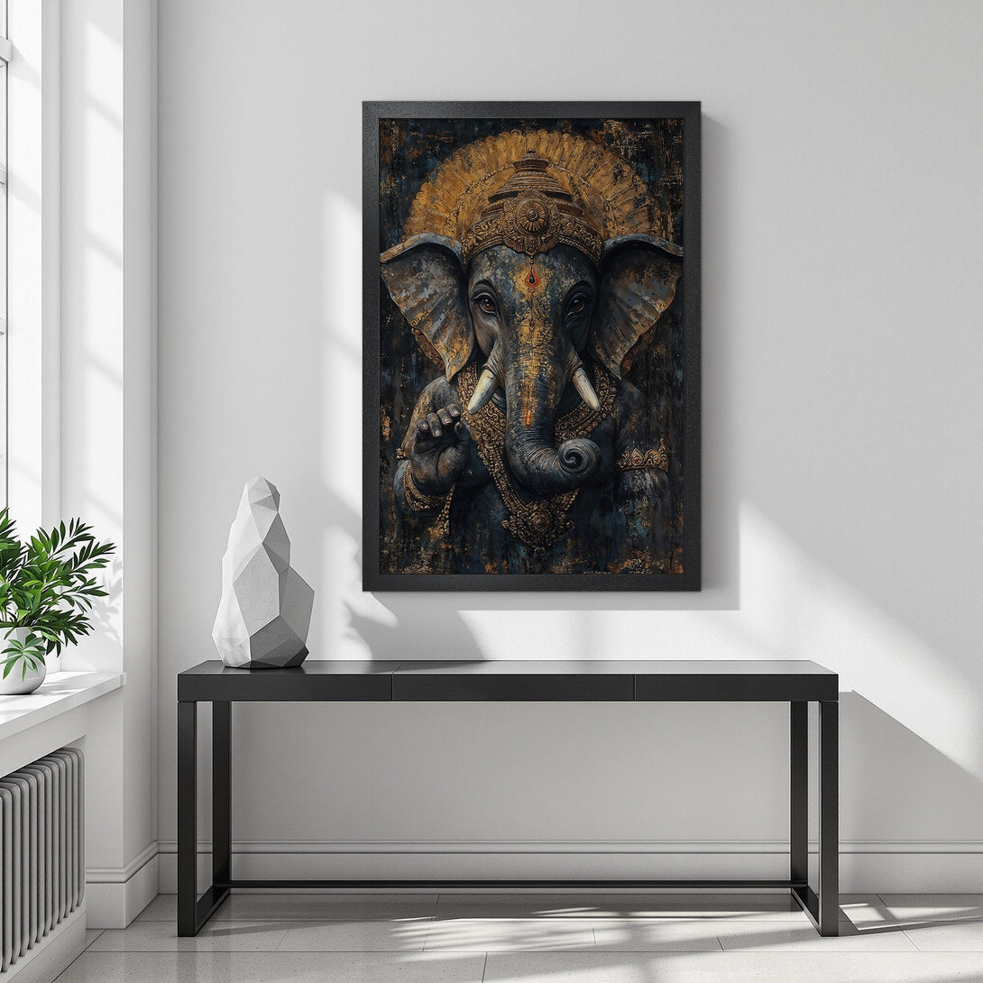 Framed Poster featuring a detailed Ganesh illustration. Dark blue and gold color palette, artistic style, perfect wall decor.
