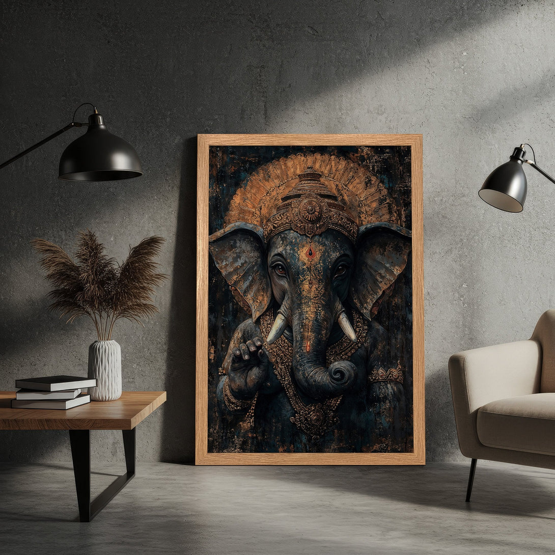 Framed Poster featuring an ornate Ganesh illustration, with a dark, moody color palette. Perfect for adding spiritual art to your home.