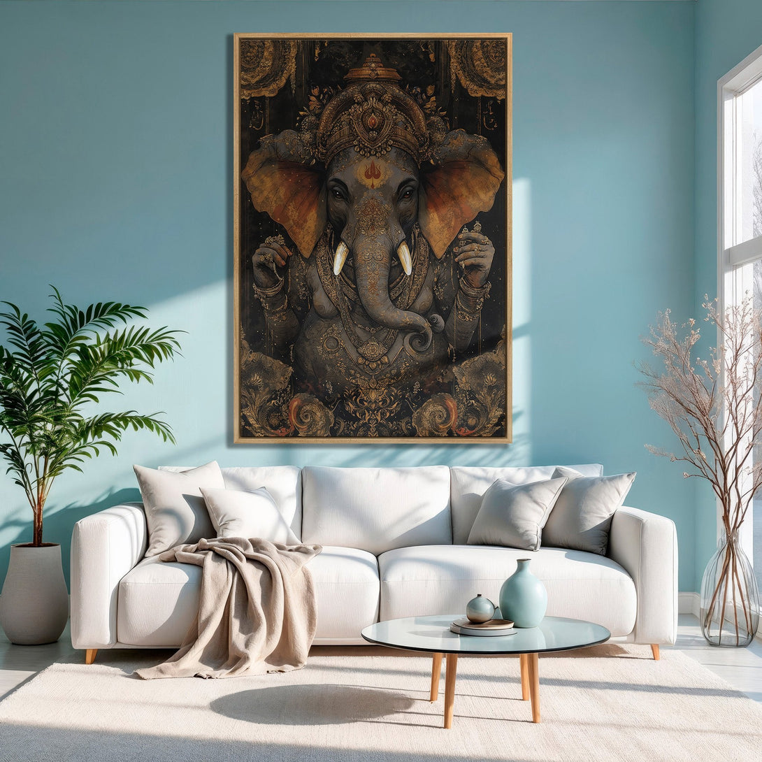 Framed Wall Art: Stunning Canvas Print of Ganesha in a detailed, golden-toned style. Adds a touch of elegance to any room with its warm, earthy palette.