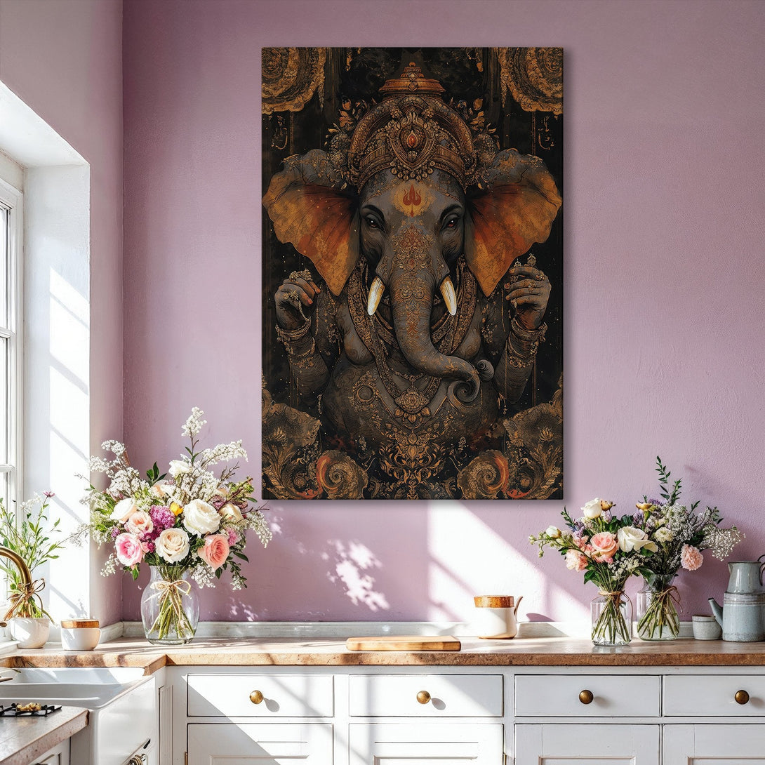 Framed Wall Art of Ganesha in a luxurious interior. The canvas print features a detailed, ornate design with a dark, gold, and neutral color palette. Elevate your space!