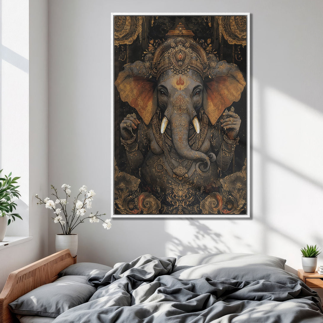 Framed Wall Art featuring a detailed elephant god illustration in gold and gray tones. Perfect for adding a touch of spirituality and elegance to your space.