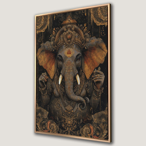 Framed Wall Art featuring a detailed illustration of Ganesha. Rich, ornate design with a gold, black, and brown color palette. Perfect for adding a touch of elegance.