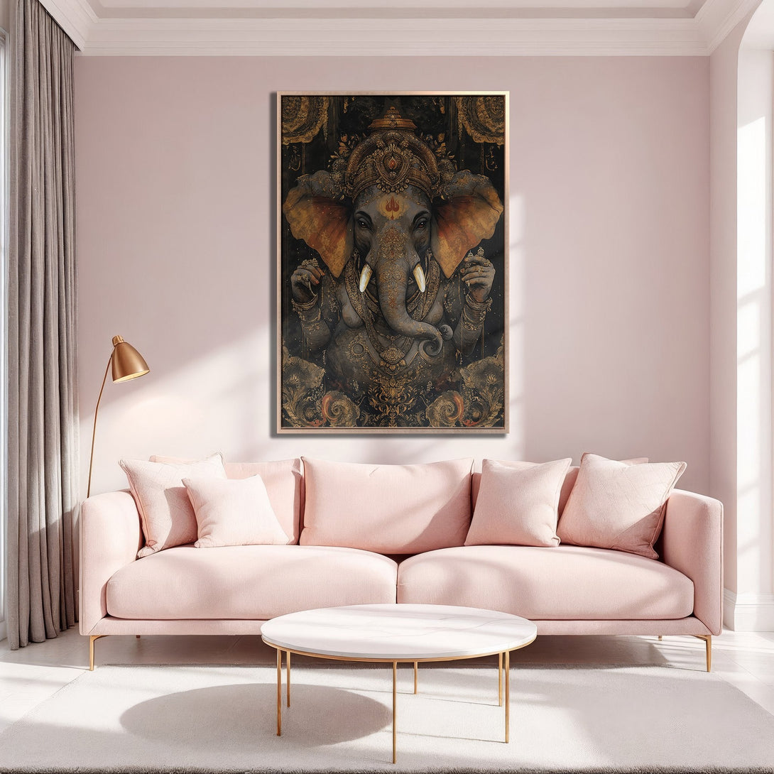 Framed Wall Art of Ganesha in a luxurious interior. Stunning gold and black artwork with a blush pink color palette. Elevate your space with this unique Canvas Print.