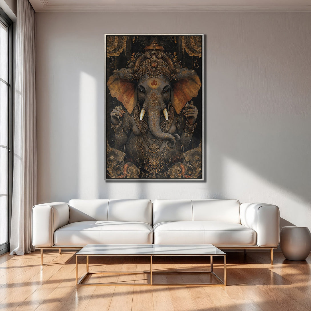 Framed Wall Art featuring a detailed Ganesh illustration in a dark, gold, and orange palette. Adds a touch of elegance to any interior.