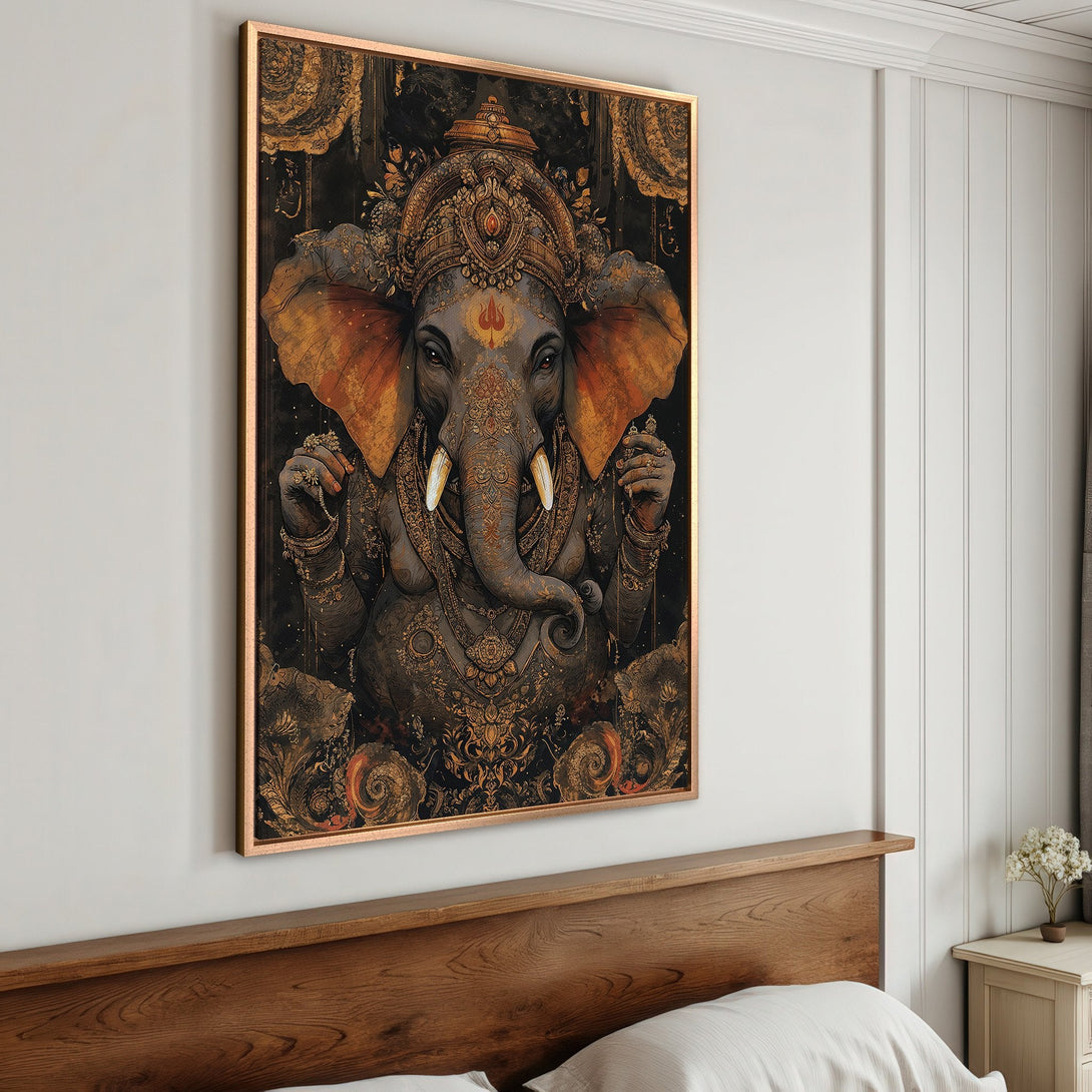 Framed Wall Art: Majestic Ganesh Canvas Print in a bedroom. Intricate details, rich gold & black color palette. Elevate your space with this stunning artwork.