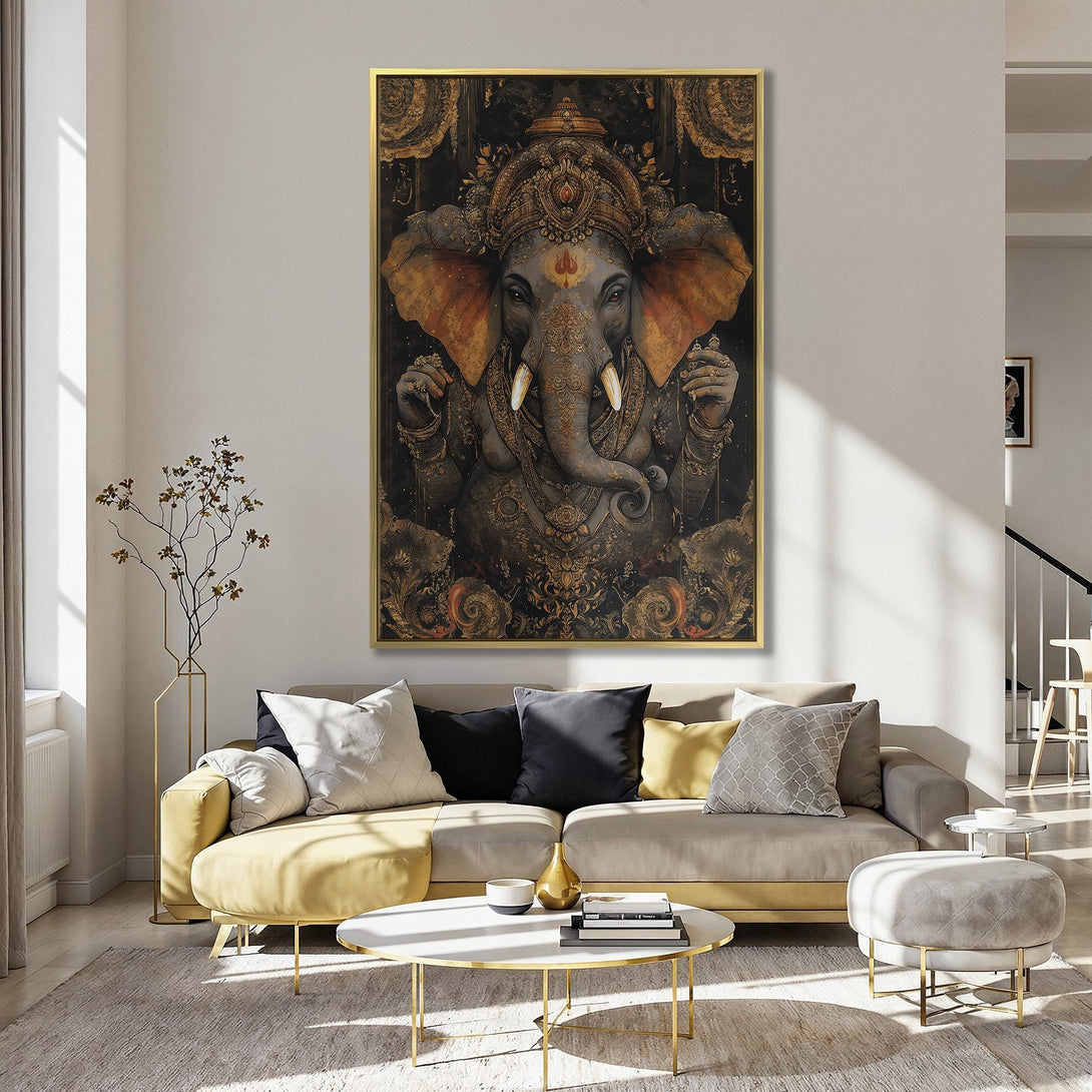 Canvas Print of Ganesha in ornate gold and black, displayed in a pink-walled kitchen. Bohemian style wall art with warm, earthy tones.