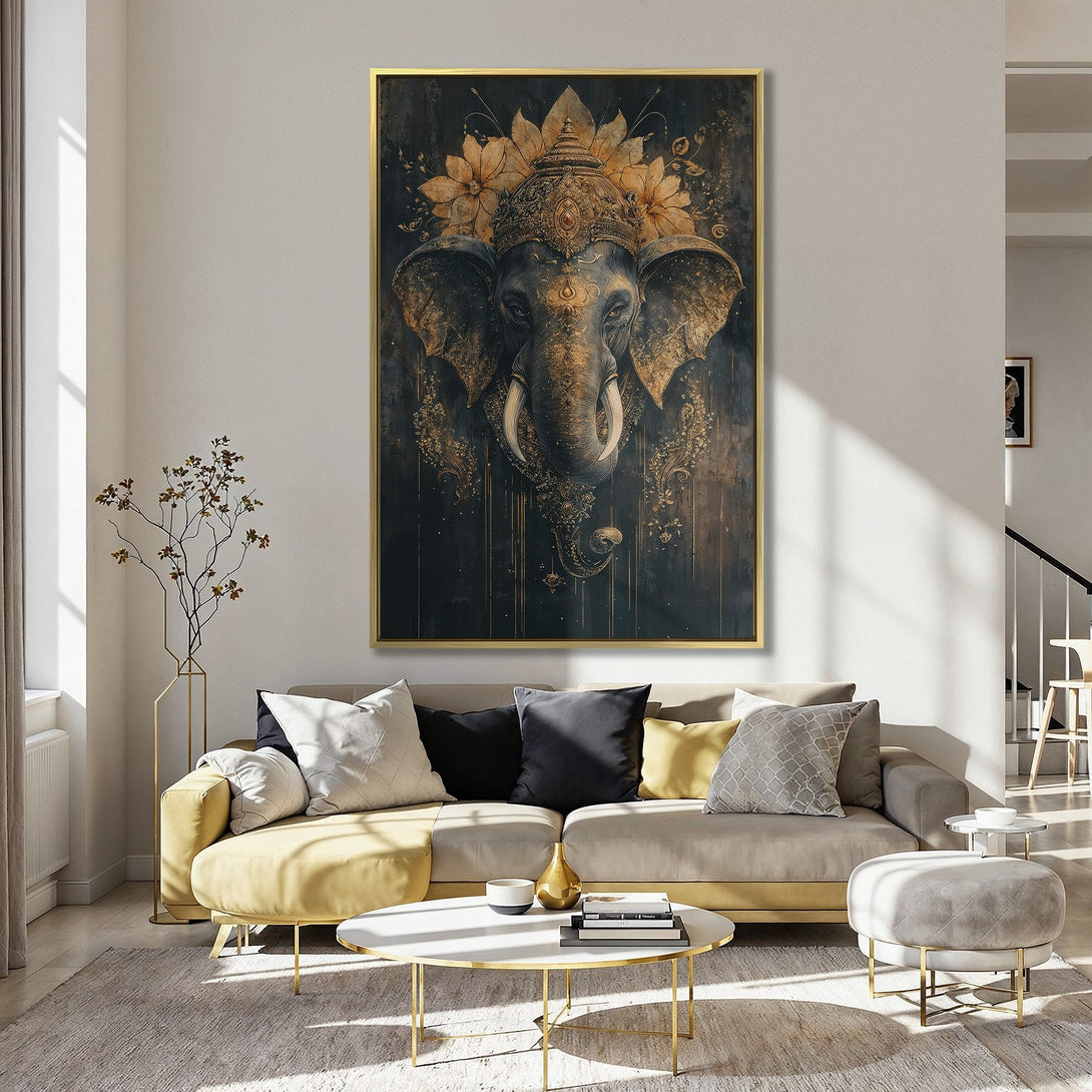 Canvas Print of a detailed elephant artwork in a kitchen. Features a dark, gold, and black color palette with an artistic, spiritual style.