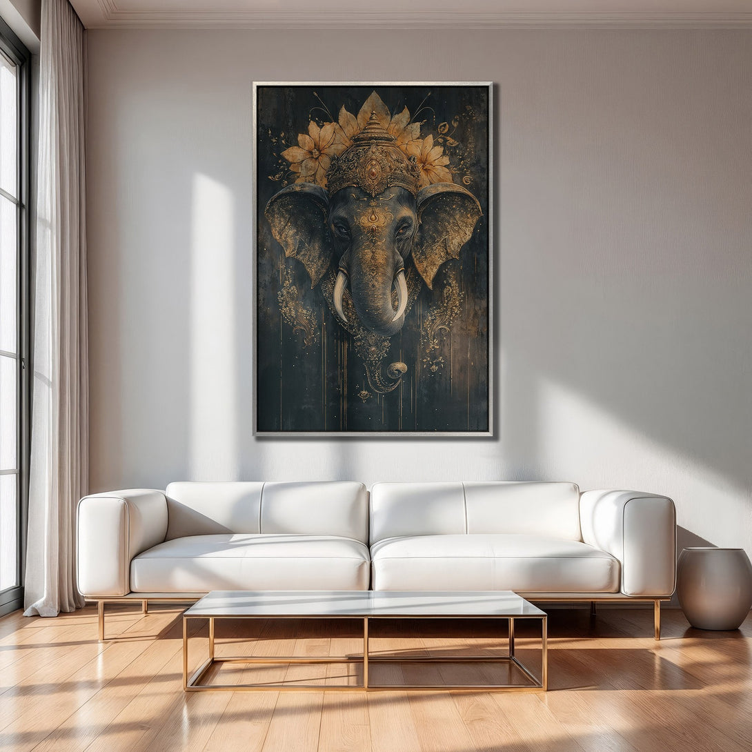 Framed Wall Art featuring an ornate elephant in gold and black. Modern style, perfect for living room decor. Rich, warm color palette.