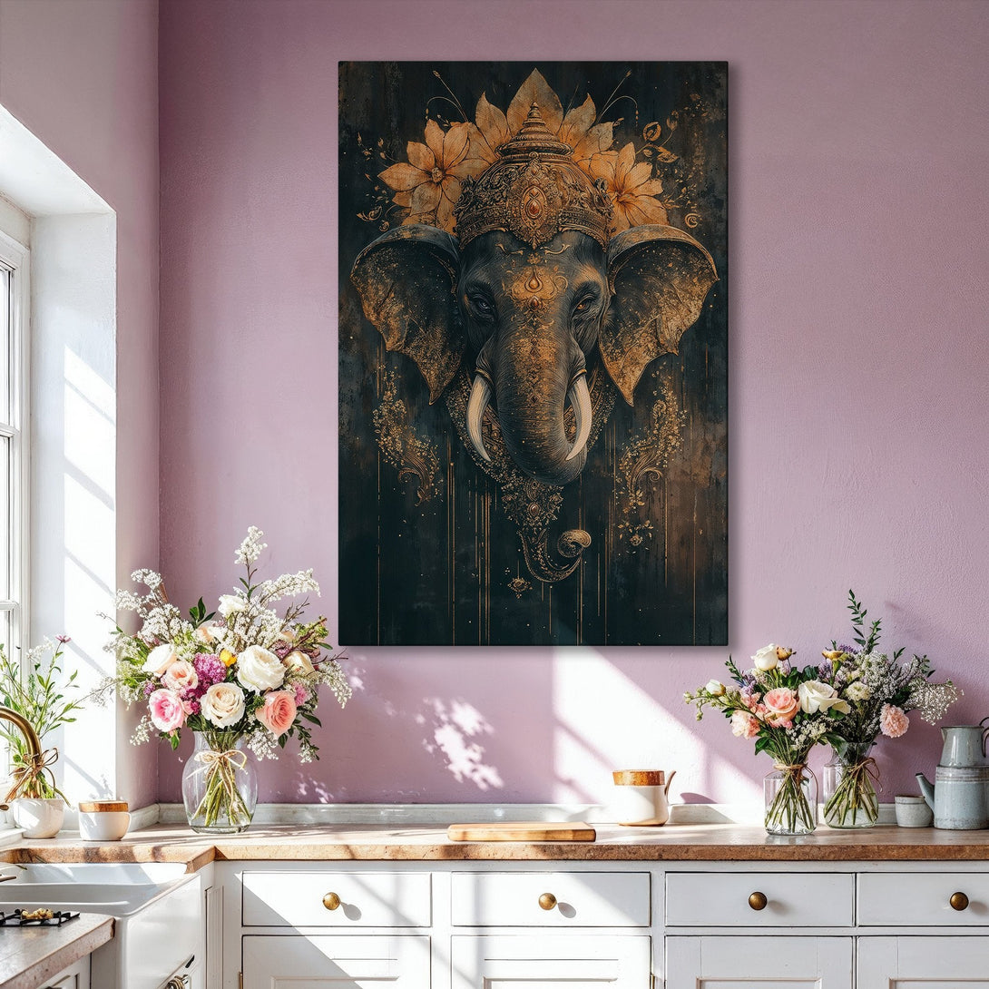 Framed Wall Art: Intricate elephant portrait in gold and black. Adds a touch of elegance and spiritual art to any space. Perfect for home decor.