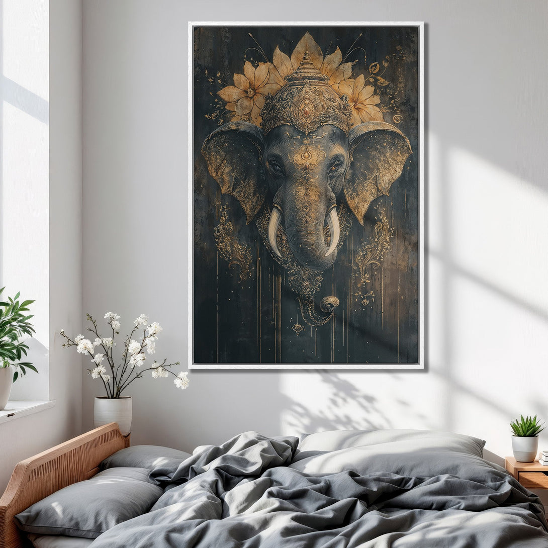 Framed Wall Art featuring a detailed elephant illustration in gold and dark tones. Perfect for adding an elegant touch to any bedroom.