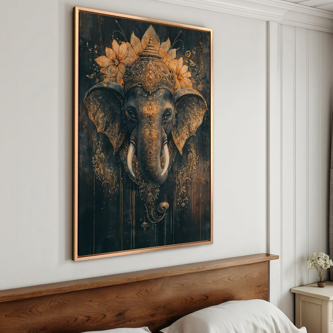 Framed Wall Art: Elegant Ganesha Canvas Print. Dark, gold, and beige tones. Perfect for adding a touch of spiritual art to your bedroom decor. Shop now!