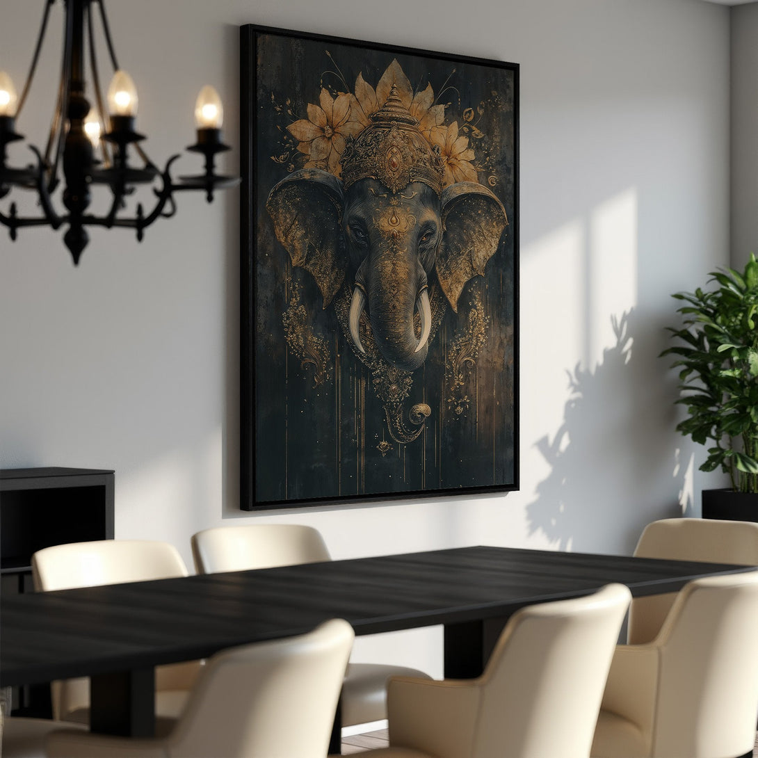 Framed Wall Art: Majestic elephant artwork in gold and dark tones. Enhance your space with this stunning Canvas Print, perfect for any interior style.
