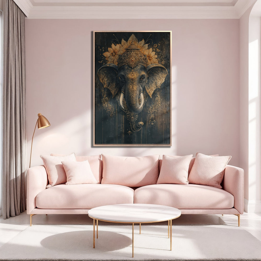 Framed Wall Art featuring an ornate elephant design in gold and dark tones, complementing a modern pink interior. Elevate your space with this stunning canvas print.