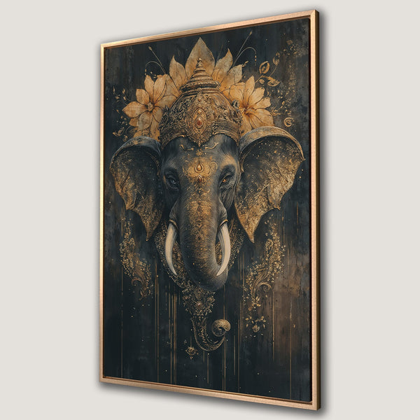 Framed Wall Art featuring an elegant elephant head with floral details in gold on a dark background. Perfect for adding a touch of luxury.