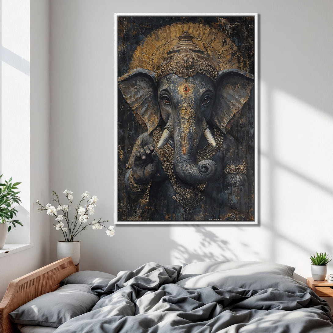 Framed Wall Art: Ganesha painting in a bedroom. Dark, gold, and blue color palette. Adds a touch of spirituality and elegance to any space.